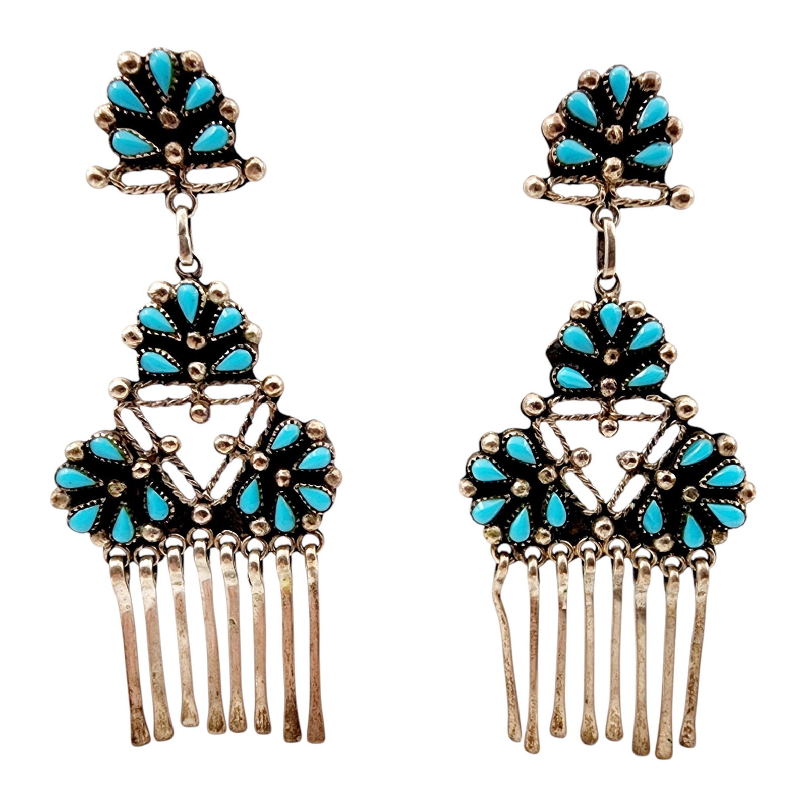 Vintage Zuni Turquoise Petit Point Cluster Chandelier Earrings 24.7g (1 of 5)