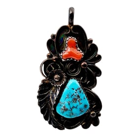 Vintage Navajo Sterling Turquoise Coral Pendant 9.6g