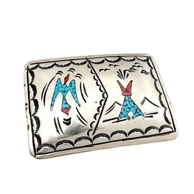Willie Nezzie Navajo Sterling Handstamped Crushed Turquoise Coral Inlay Belt Buckle 38.5g