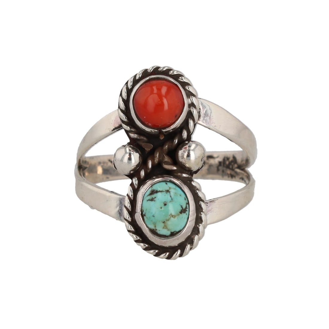 Navajo Turquoise Coral Sterling Figure 8 Overlay Ring Sz. 6.75 (1 of 5)