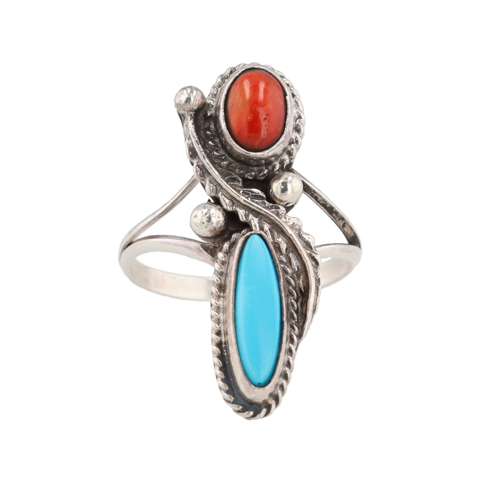 Navajo Coral Turquoise Sterling Leaf Overlay Ring Sz. 6.75 (1 of 5)