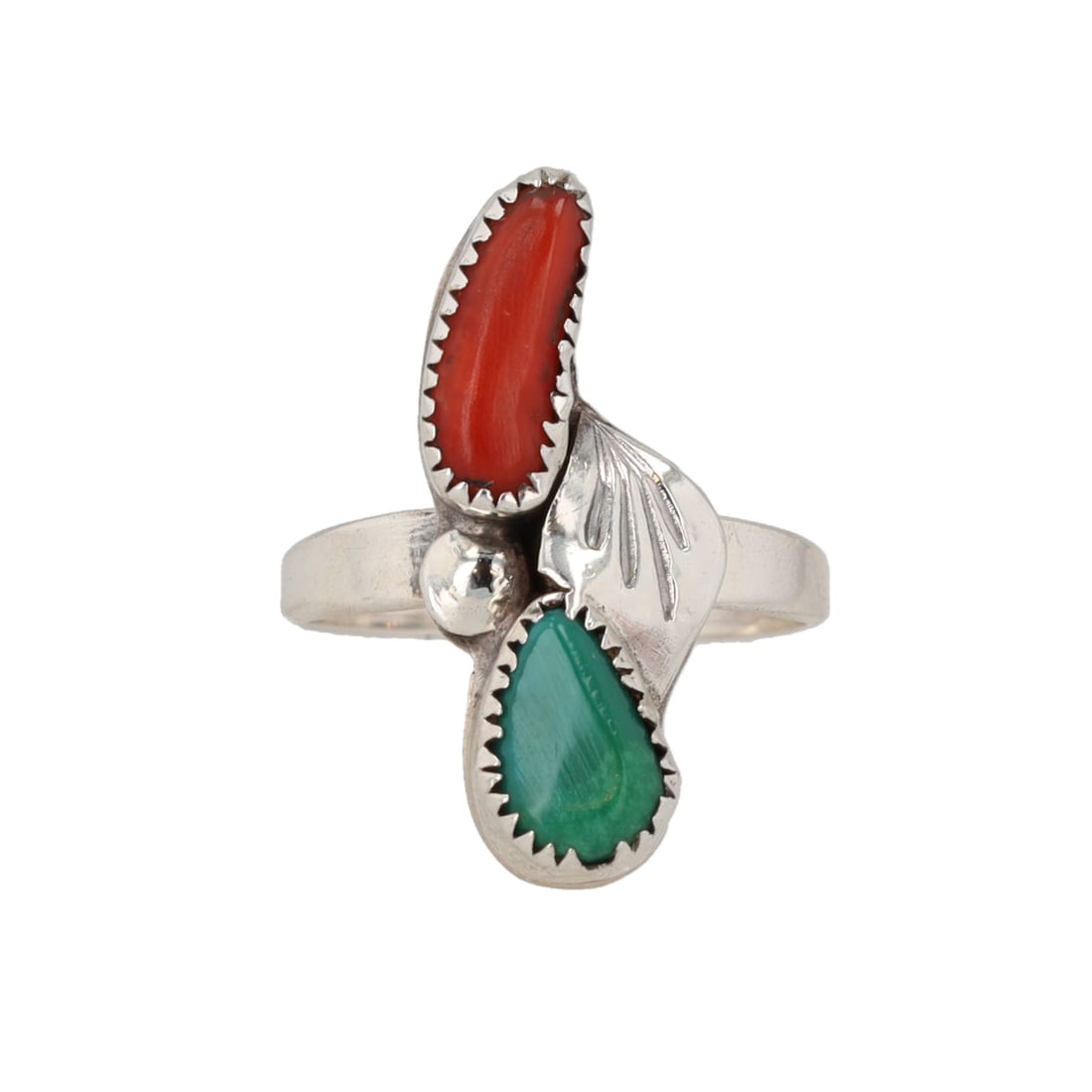 Navajo Green Turquoise Coral Sterling Shadow Box Ring Sz. 5.25: Navajo Green Turquoise Coral Sterling Shadow Box Ring Sz. 5.25, 2.5g