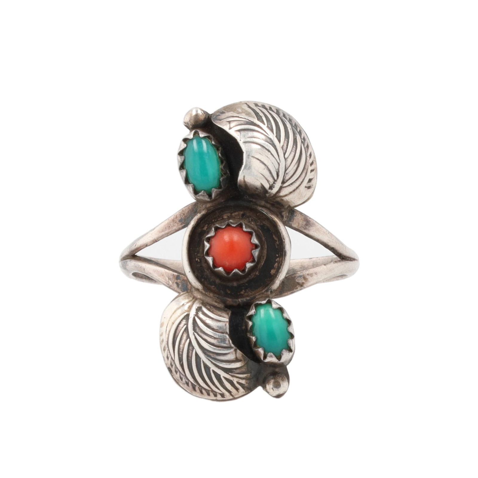 Navajo Turquoise Coral Sterling Leaf Shadow Box Ring Sz. 6.75: Navajo Turquoise Coral Sterling Leaf Shadow Box Ring Sz. 6.75, 2.5g