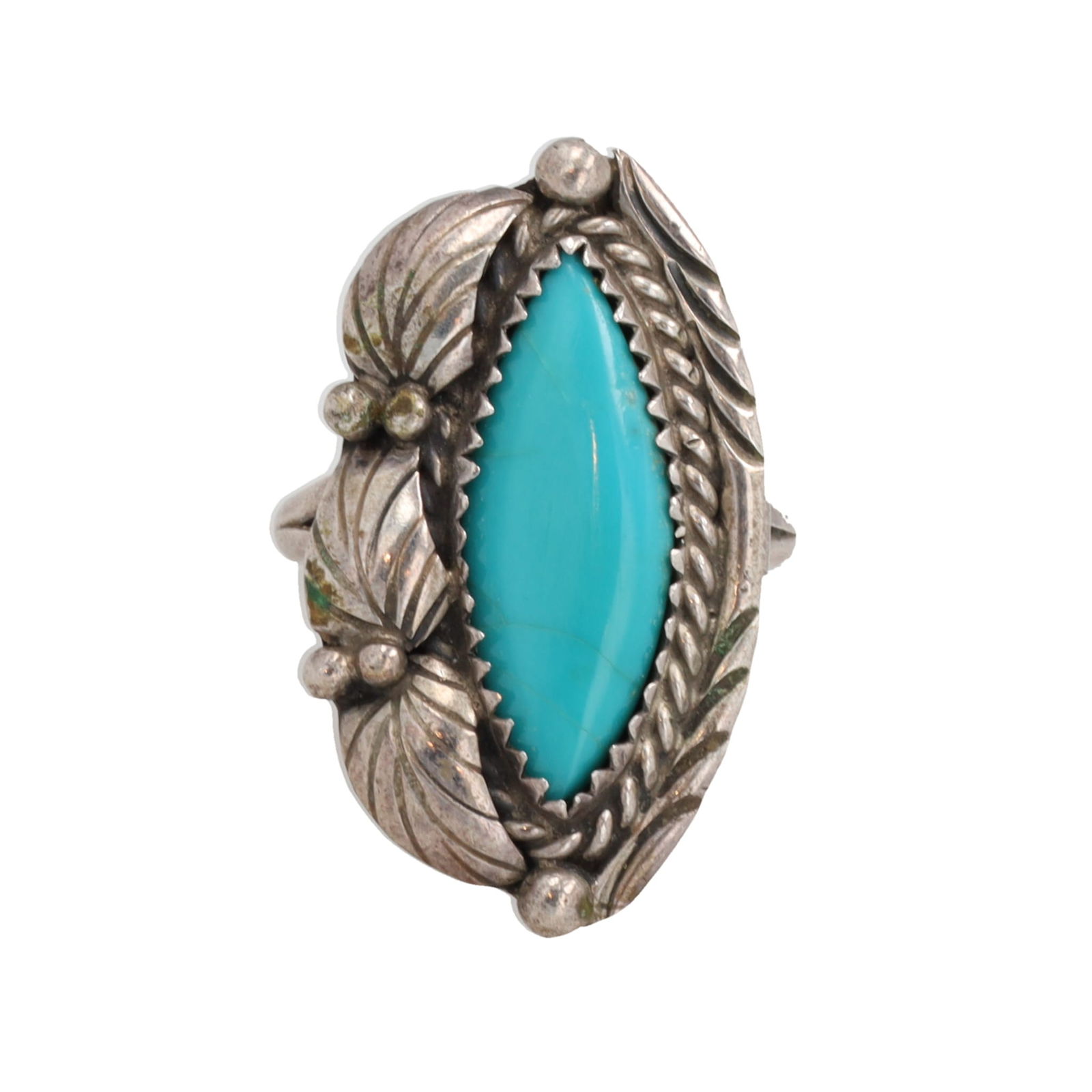 Navajo Turquoise Sterling Leaf Overlay Ring Sz. 6.75 (1 of 6)
