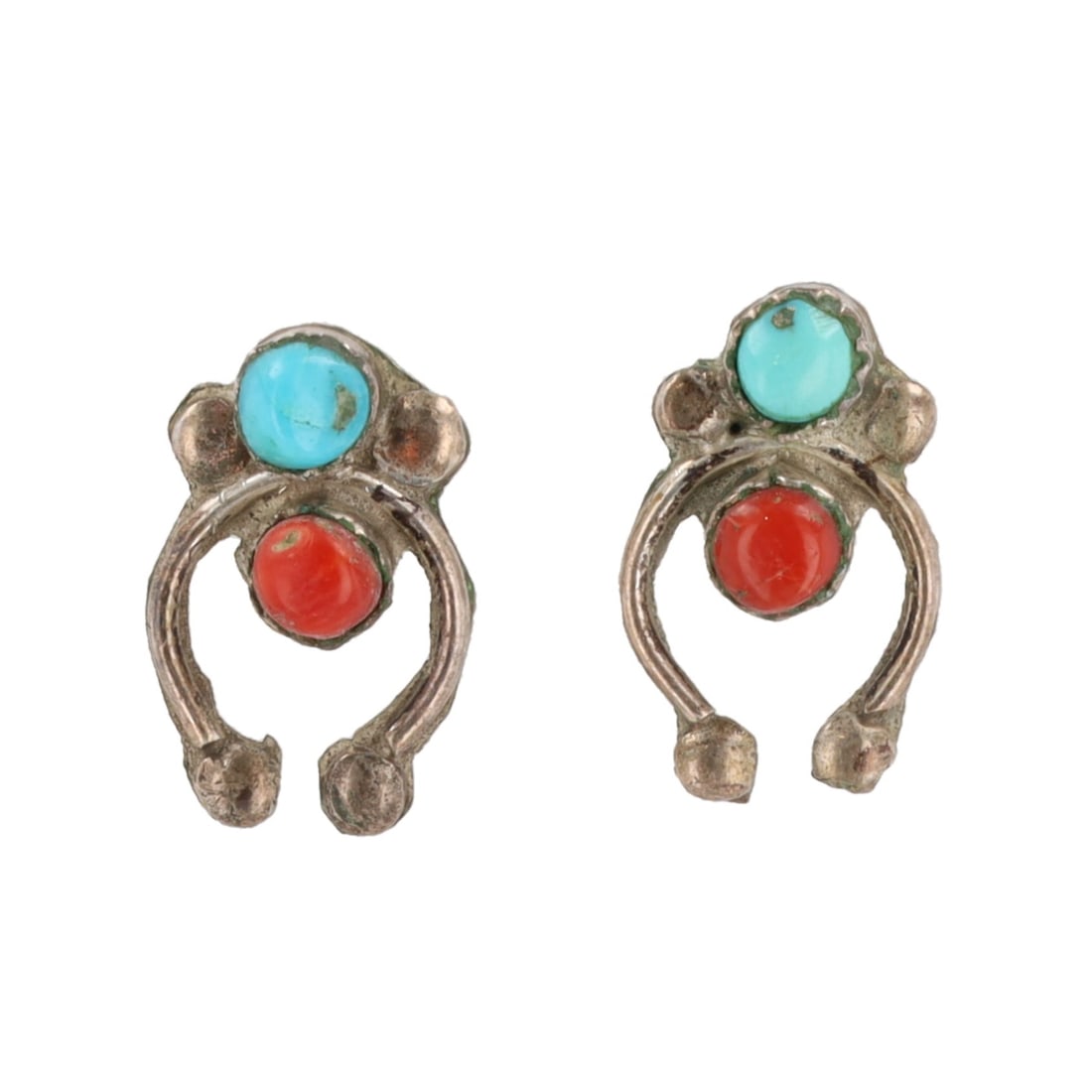 Navajo Snake Eye Turquoise Coral Sterling Naja Earrings: Navajo Snake Eye Turquoise Coral Sterling Naja Earrings 1.5g