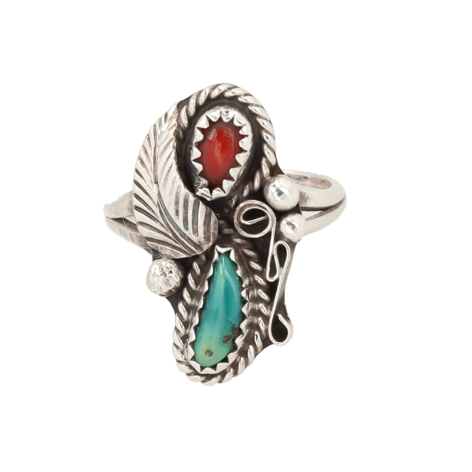 JM Navajo Turquoise Coral Sterling Shadow Box Overlay Ring Sz. 5.5 (1 of 6)