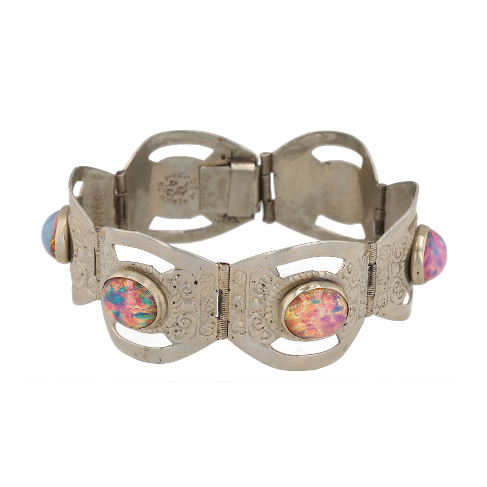 AR Mexico Foiled Glass Sterling Panel Bracelet: Signed AR Mexico Foiled Glass Sterling Panel Bracelet