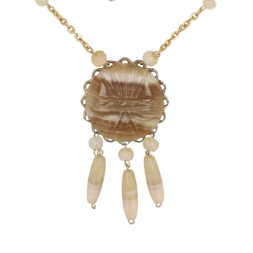 Carved Aztec Or Mayan Banded Agate Dangle Necklace: Carved Aztec Or Mayan Banded Agate Dangle Necklace 64g