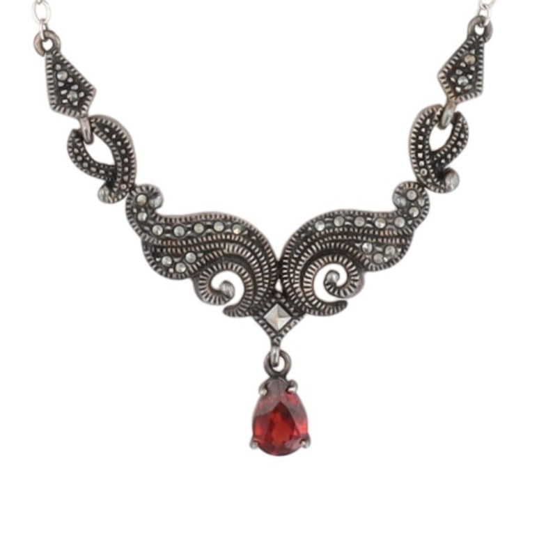 Judith Jack Marcasite Garnet Sterling Necklace: Judith Jack Marcasite Garnet Sterling 6.5g, signed JJ