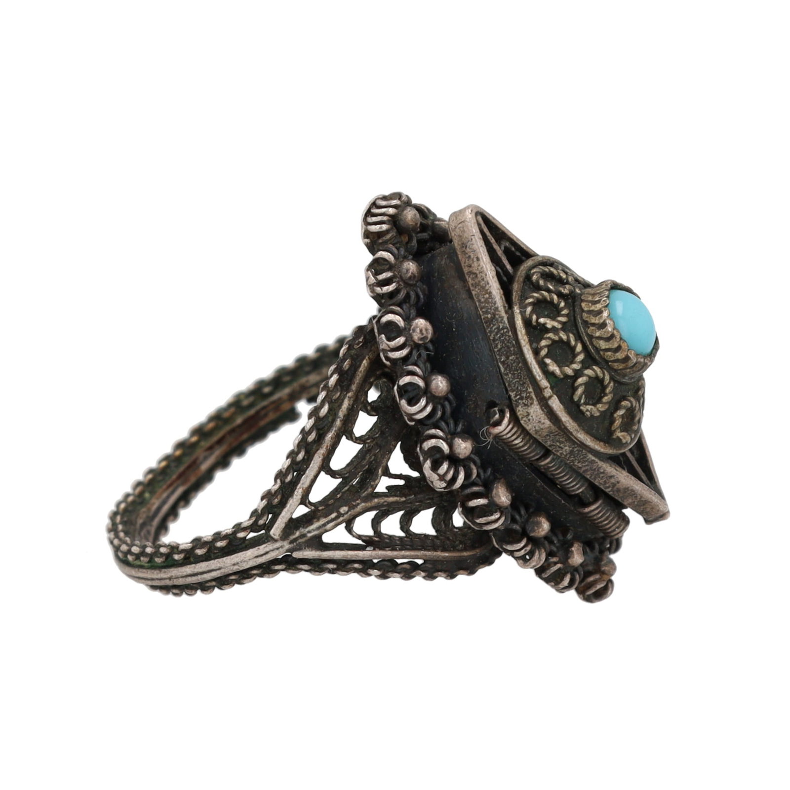 Tibetan Turquoise Sterling Filigree Poison Ring Sz. 5.75: Tibetan Turquoise Sterling Filigree Poison Ring Sz. 5.75, 6g