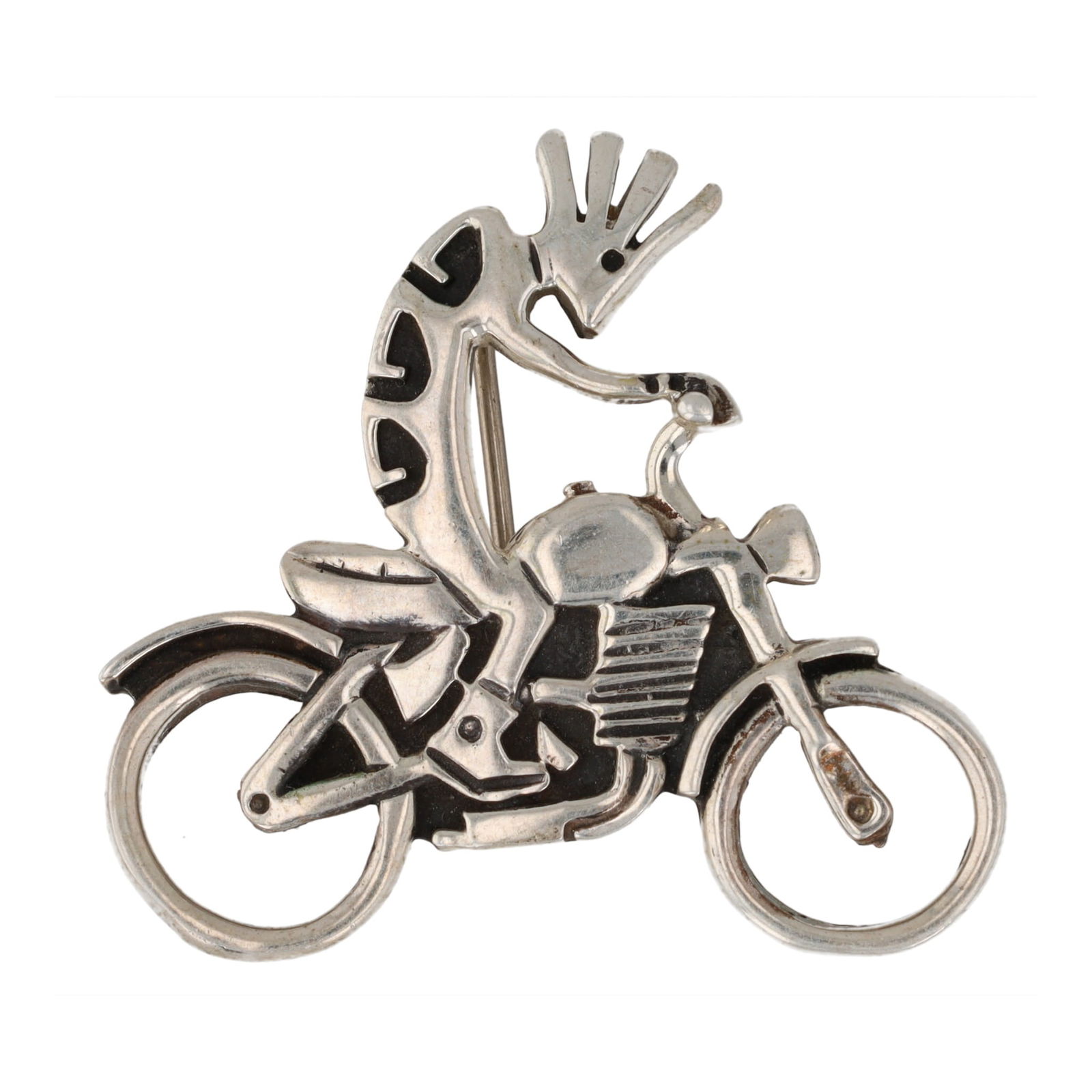 Sterling Kokapeli Motorcycle Rider Brooch (1 of 4)