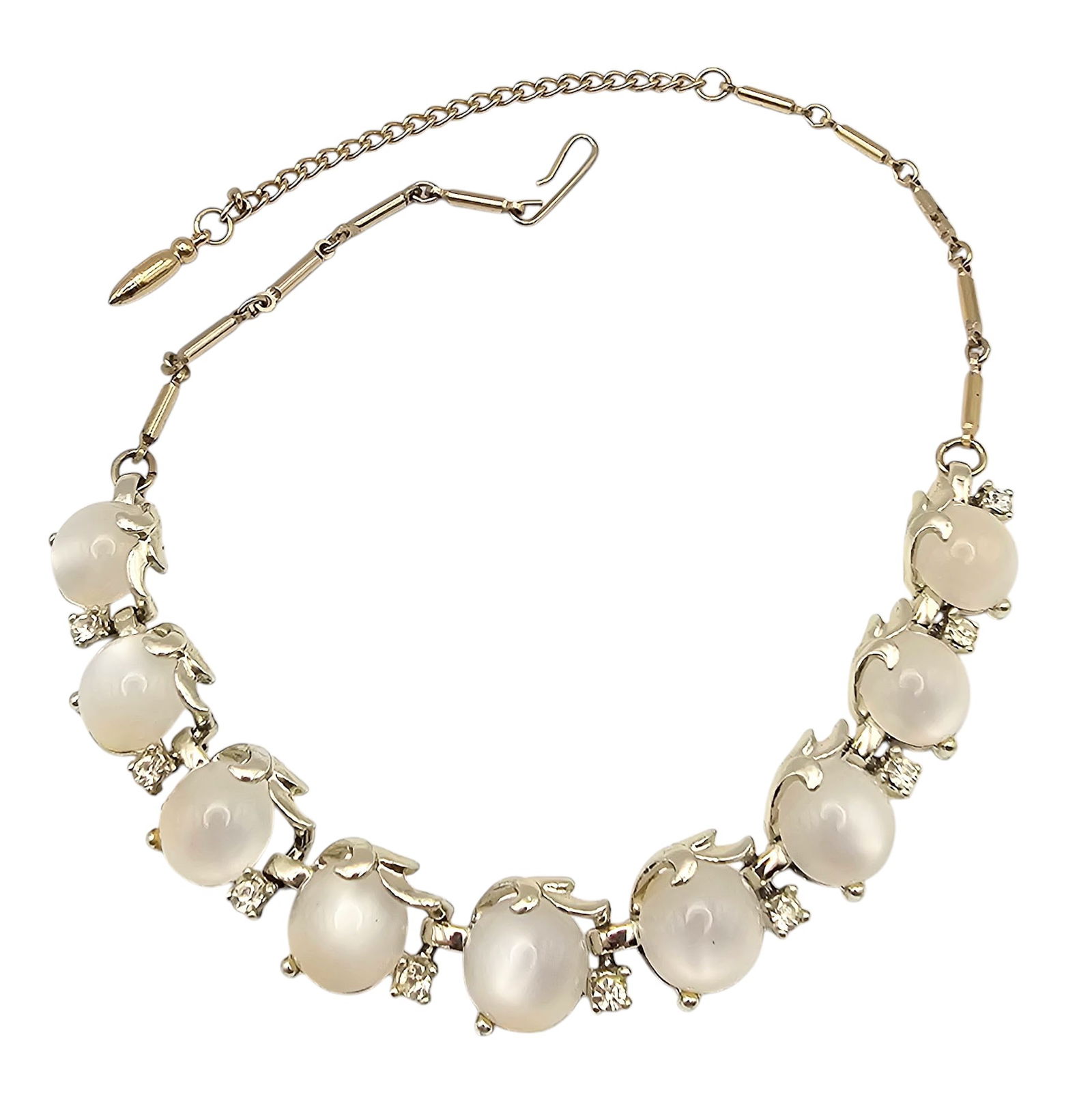 Mid Century Pearlite Thermoset/Lucite Rhinestone Gold Tone Necklace: Mid Century Pearlite Thermoset/Lucite Gold Tone Choker Necklace