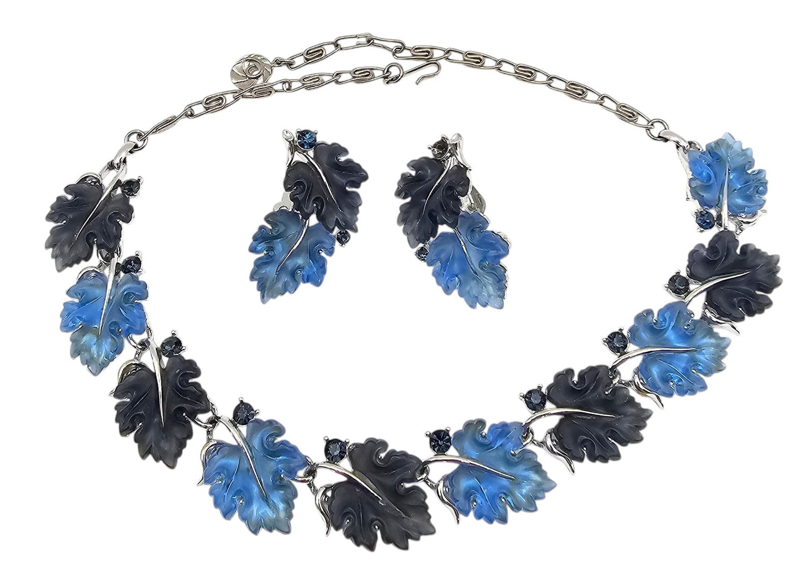 Lisner Vintage Blue Thermoset/Lucite Leaf Necklace Earrings Set (1 of 3)