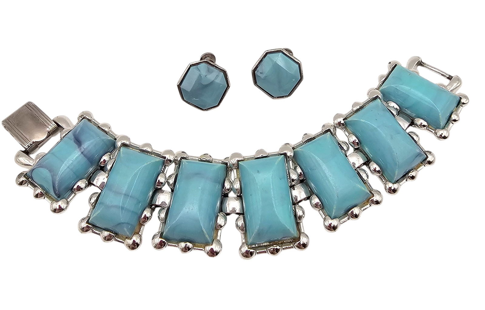 Coro Vintage Turquoise Color Thermoset Silver Tone Bracelet Earrings Set: Coro Vintage Turquoise Color Thermoset Silver Tone Bracelet Earrings Set