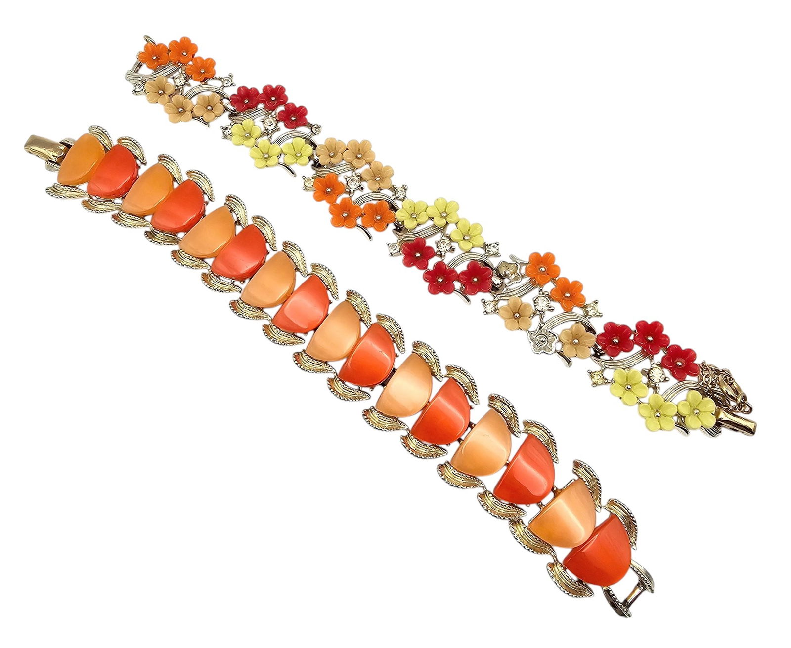 Coro Vintage Lot 2 Peach Tangerine Floral Bracelets: Coro Vintage Lot 2 Peach Tangerine Thermoset Floral Bracelet