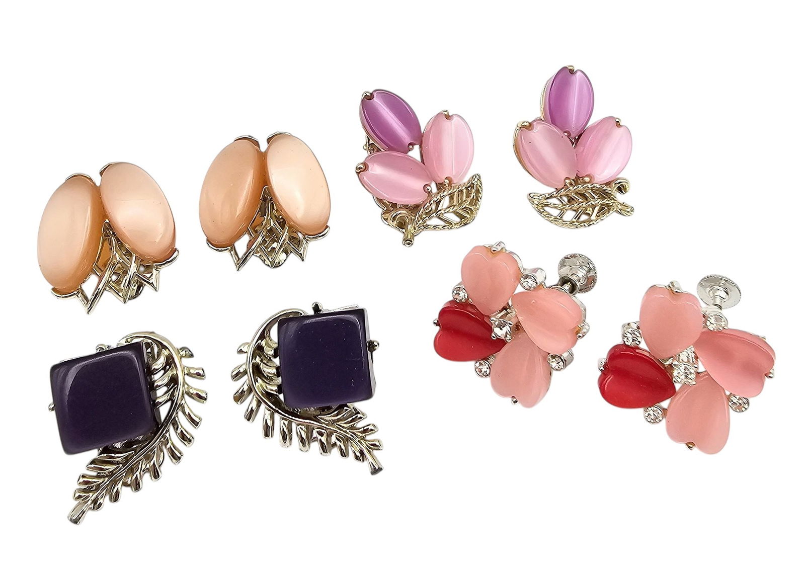 Coro Lisner Vintage Pink Peach Purple Lot 4 Thermoset/Lucite Earrings: Coro Lisner Vintage Lot 4 Pink Peach Purple Thermoset/Lucite Earrings