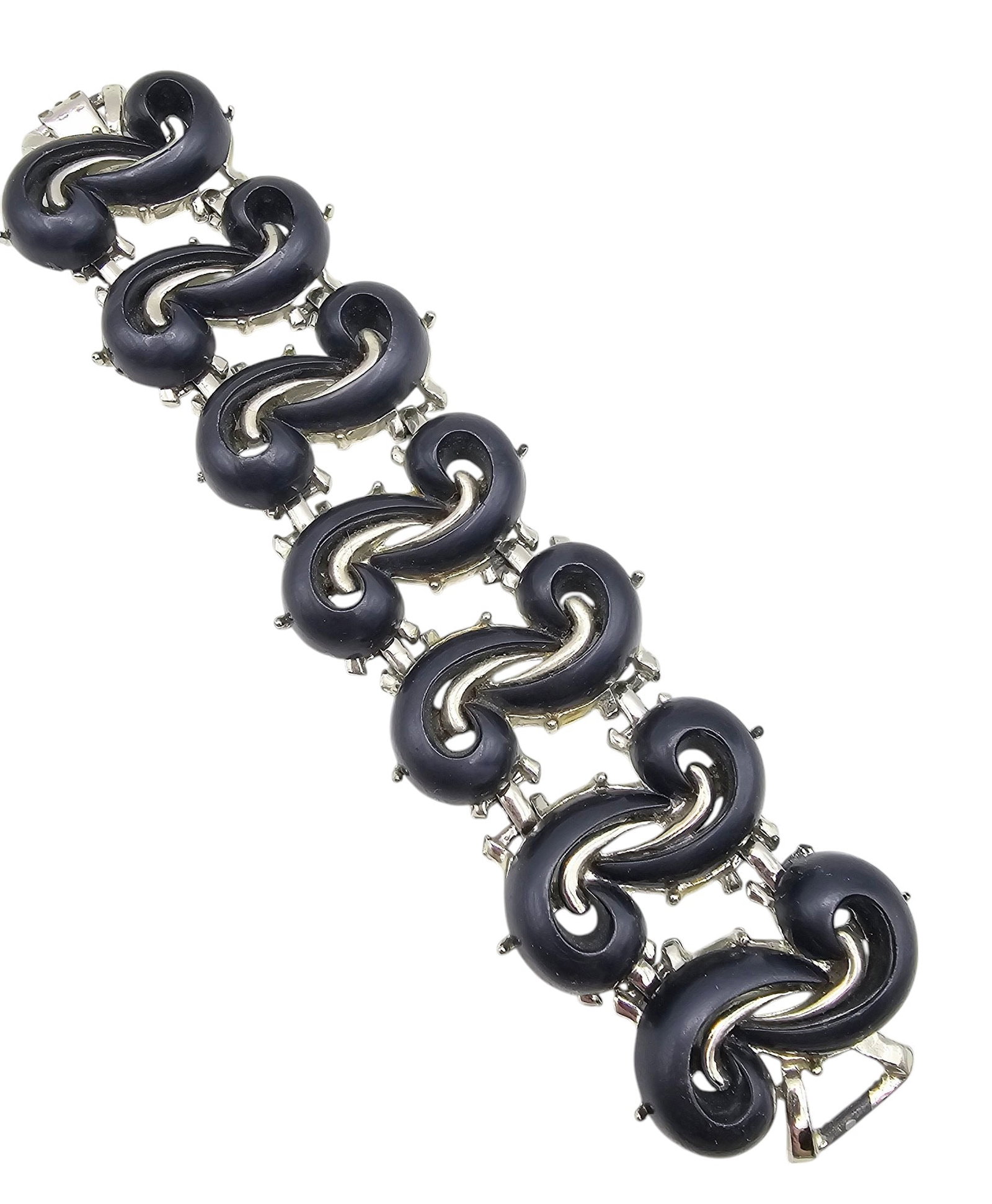 Vintage Navy Blue Paisley Thermoset Silver Tone Swirl Wide Bracelet: Vintage Navy Blue Thermoset Silver Tone Paisley Swirl Wide Bracelet