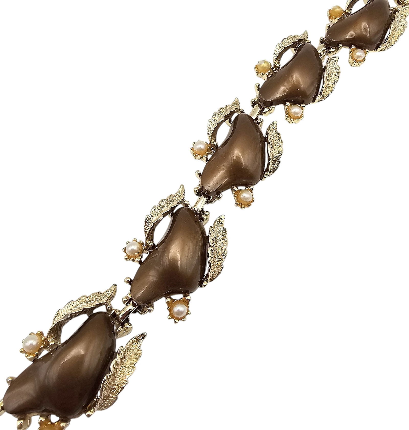 Coro Vintage Brown Thermoset Gold Tone Moonglow Bracelet: Coro Vintage Brown Thermoset Pearl Gold Tone Moonglow Bracelet
