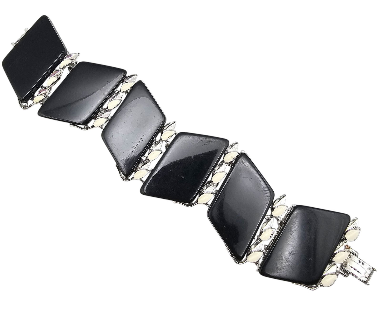 Vintage Ebony Thermoset Silver Tone Zig Zag Wide Bracelet: Vintage Ebony Thermoset Silver Tone Zig Zag Wide Bracelet