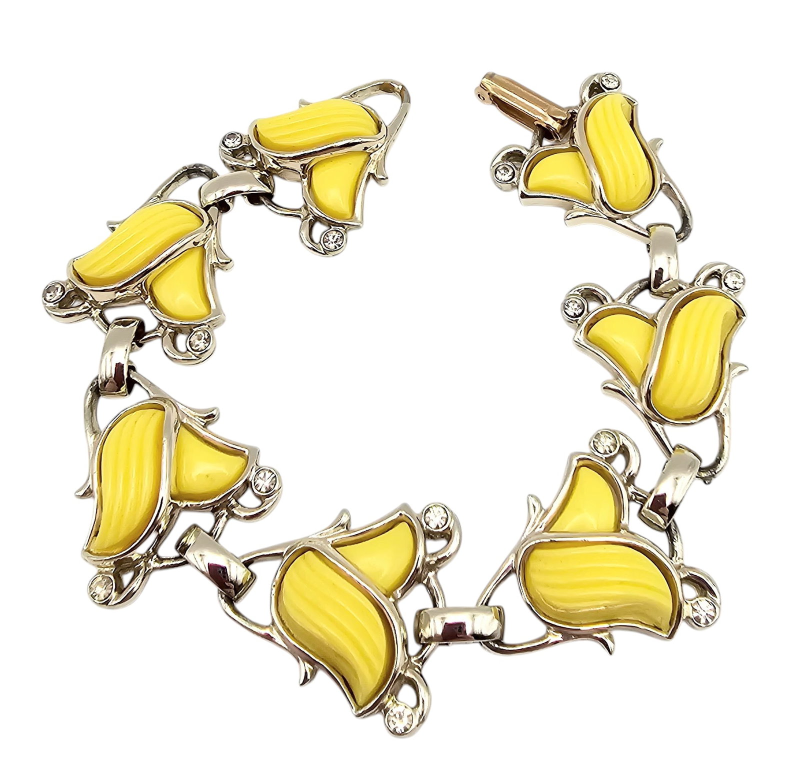 Marvella Lemon Yellow Ribbed Thermoset Rhinestone Silver Tone Bracelet: Marcella Lemon Yellow Ribbed Thermoset Silver Tone Bracelet