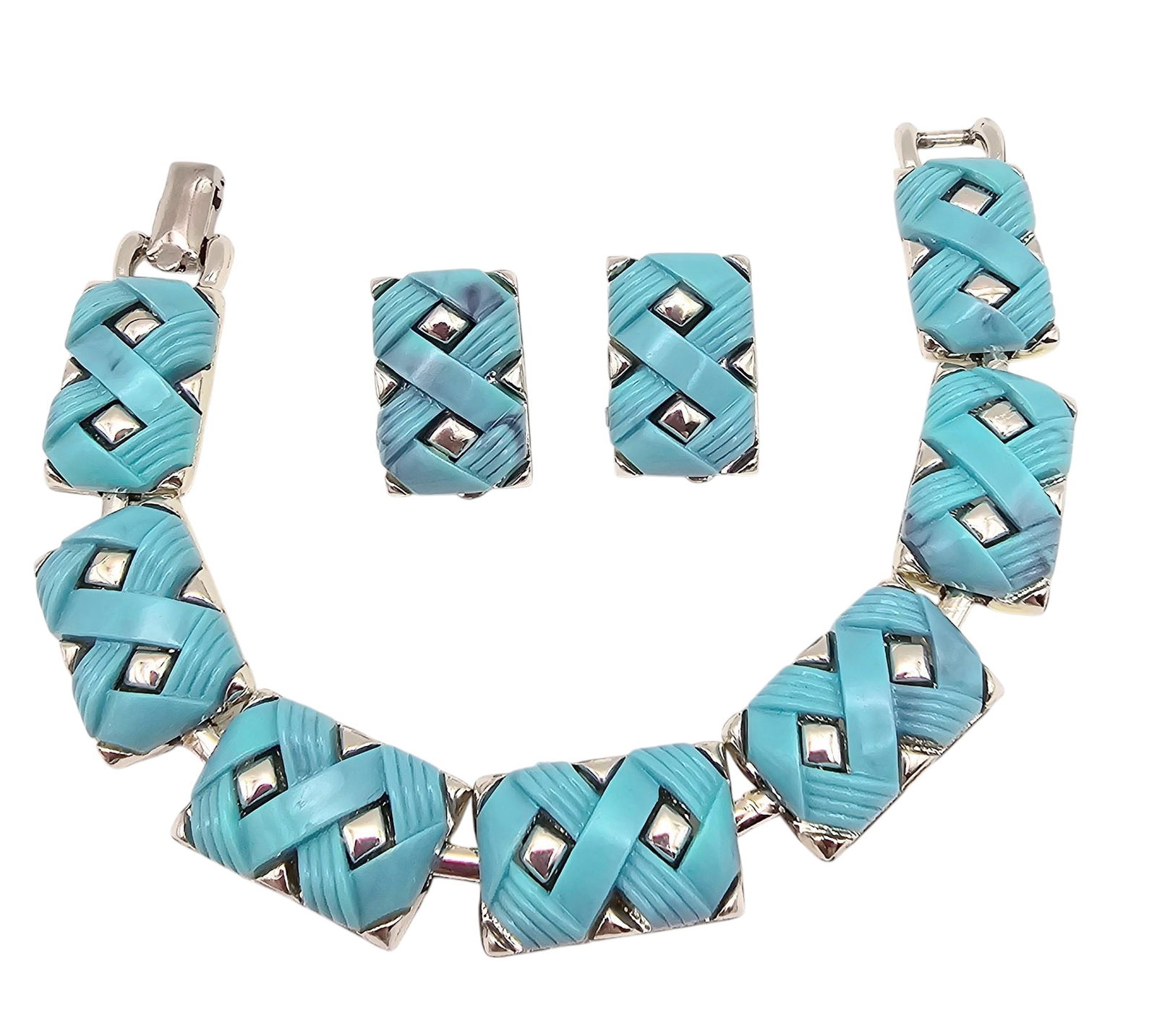 Coro Vintage Teal Blue Ribbed Thermoset Silver Tone Bracelet Earrings Set: Coro Vintage Teal Blue Ribbed Thermoset Silver Tone Bracelet Earrings Set