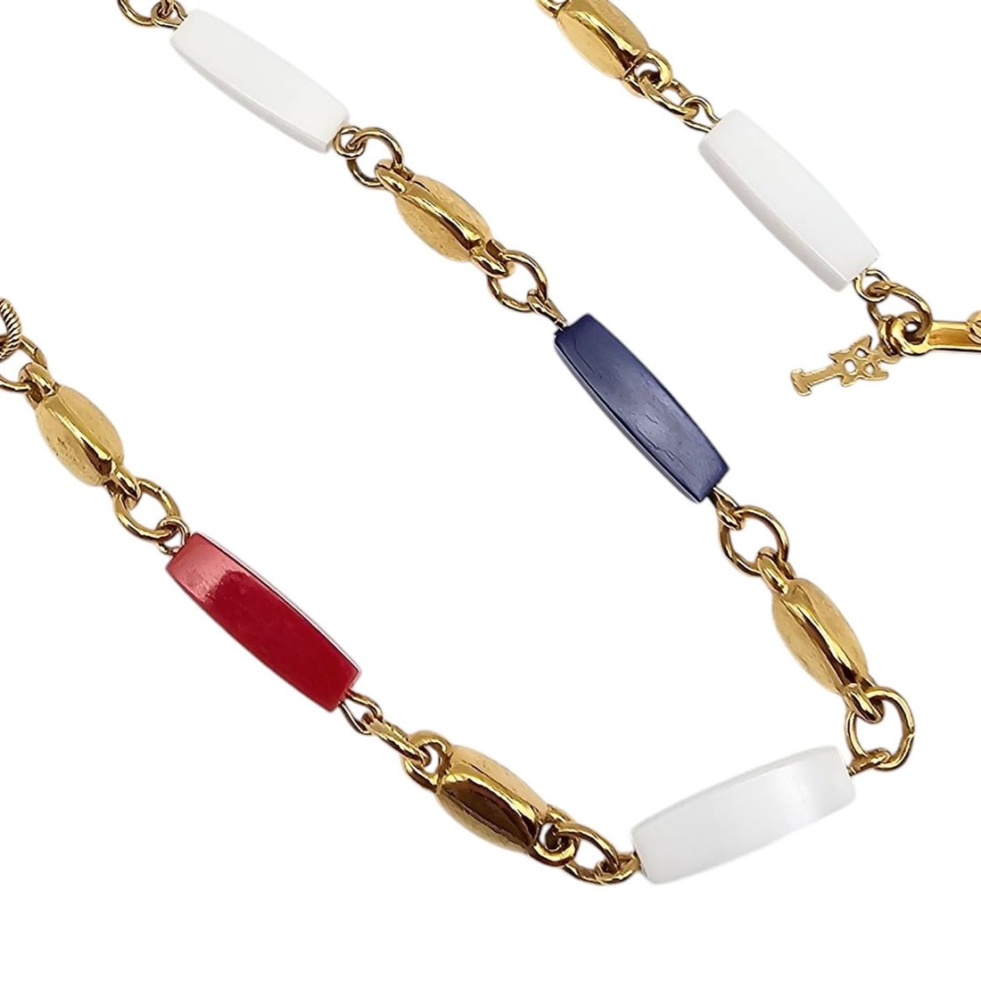 Crown Trifari Red White Blue Thermoset Gold Tone Necklace: Crown Trifari Vintage Red White Blue Thermoset Necklace