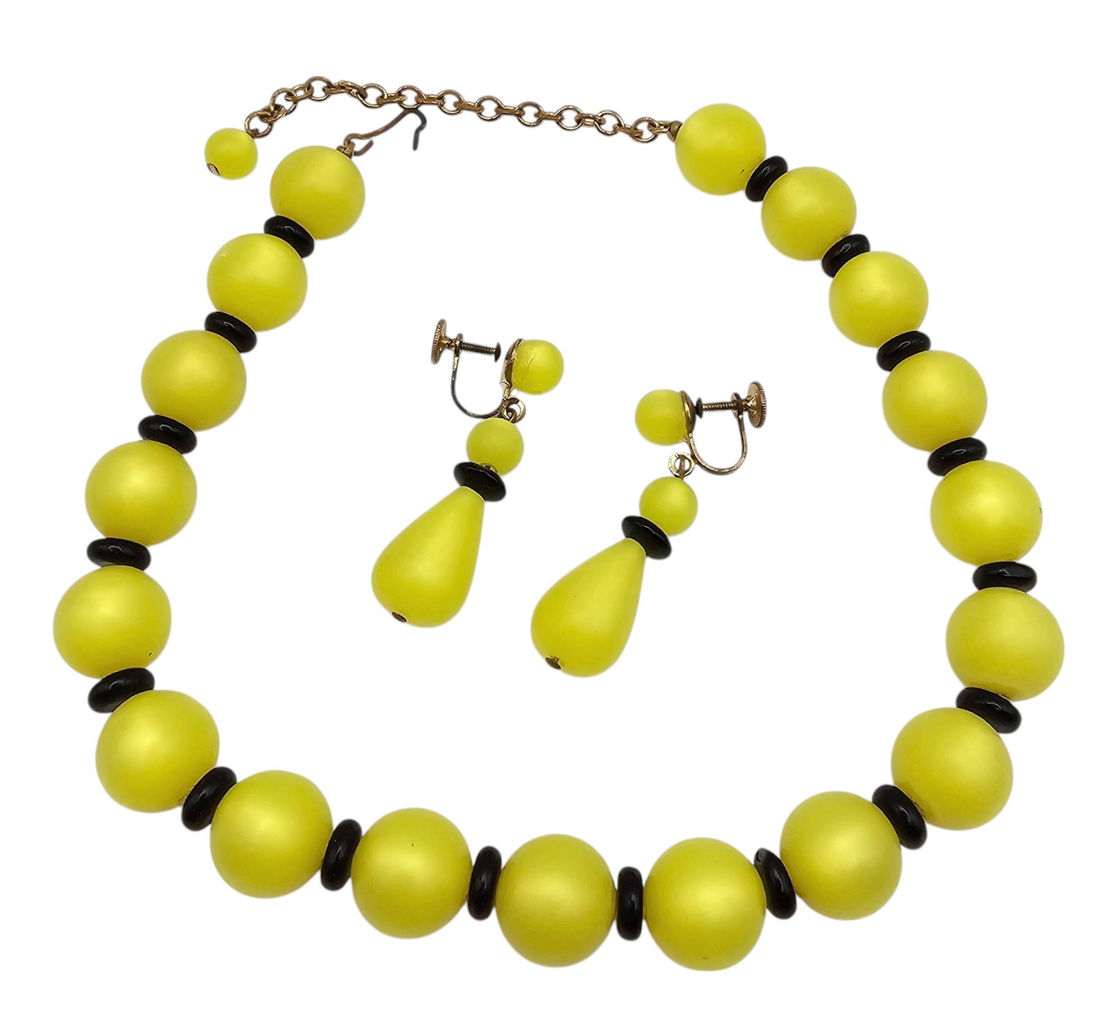 Vintage Lime Green Black Moonglow Lucite Bead Necklace Earrings Set: Vintage Lime Green Black Moonglow Lucite Bead Necklace Earrings Set