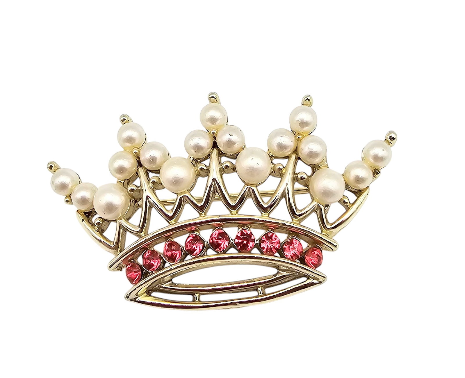 Unsigned Trifari Faux Pearl Red Enamel Gold Tone Crown Brooch: Unsigned Trifari Faux Pearl Red Enamel Gold Tone Crown Brooch