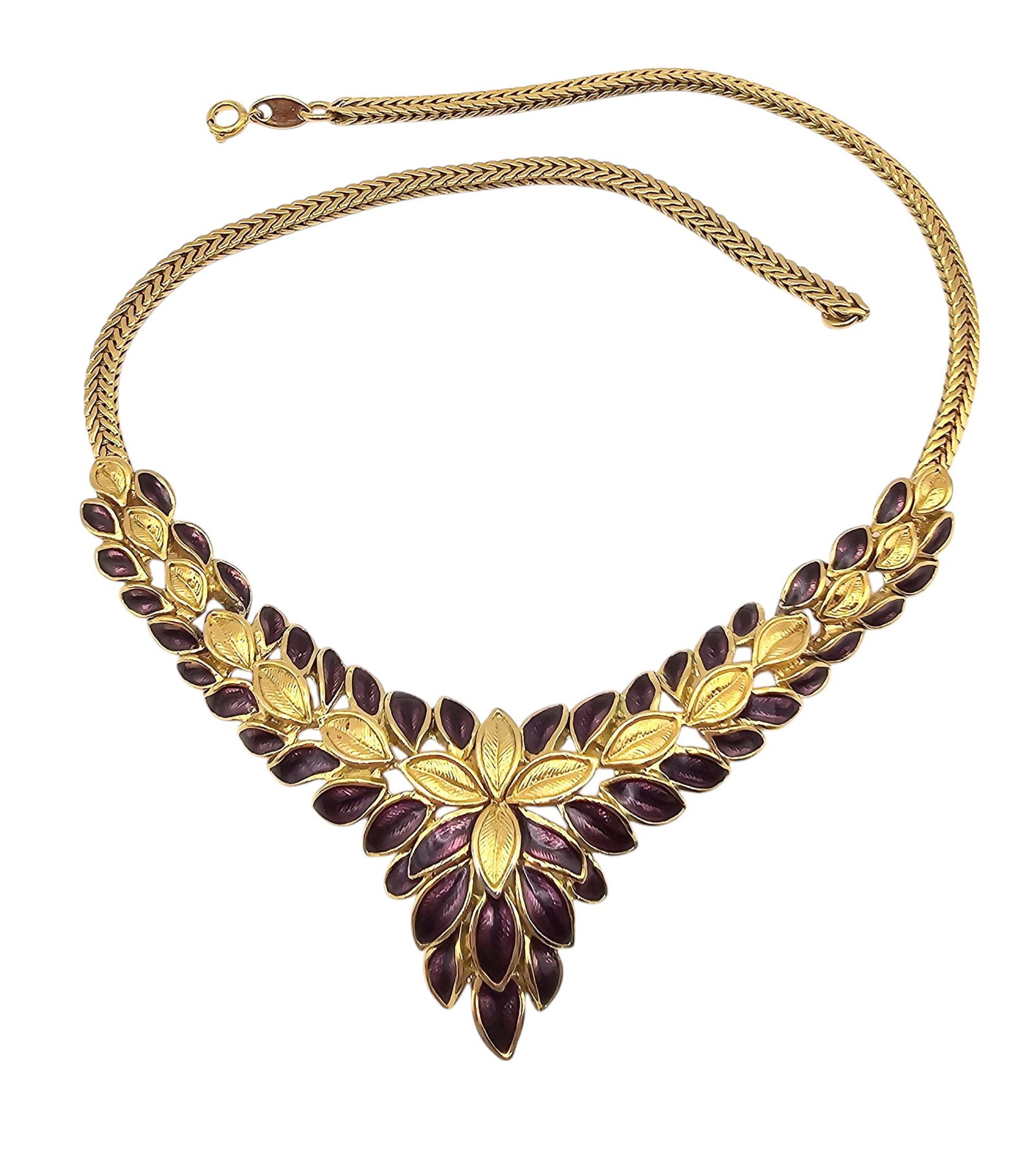 Trifari 1970's Purple Enamel Gold Tone Cascading Floral Necklace: Trifari 1970's Purple Enamel Gold Tone Cascading Floral Necklace
