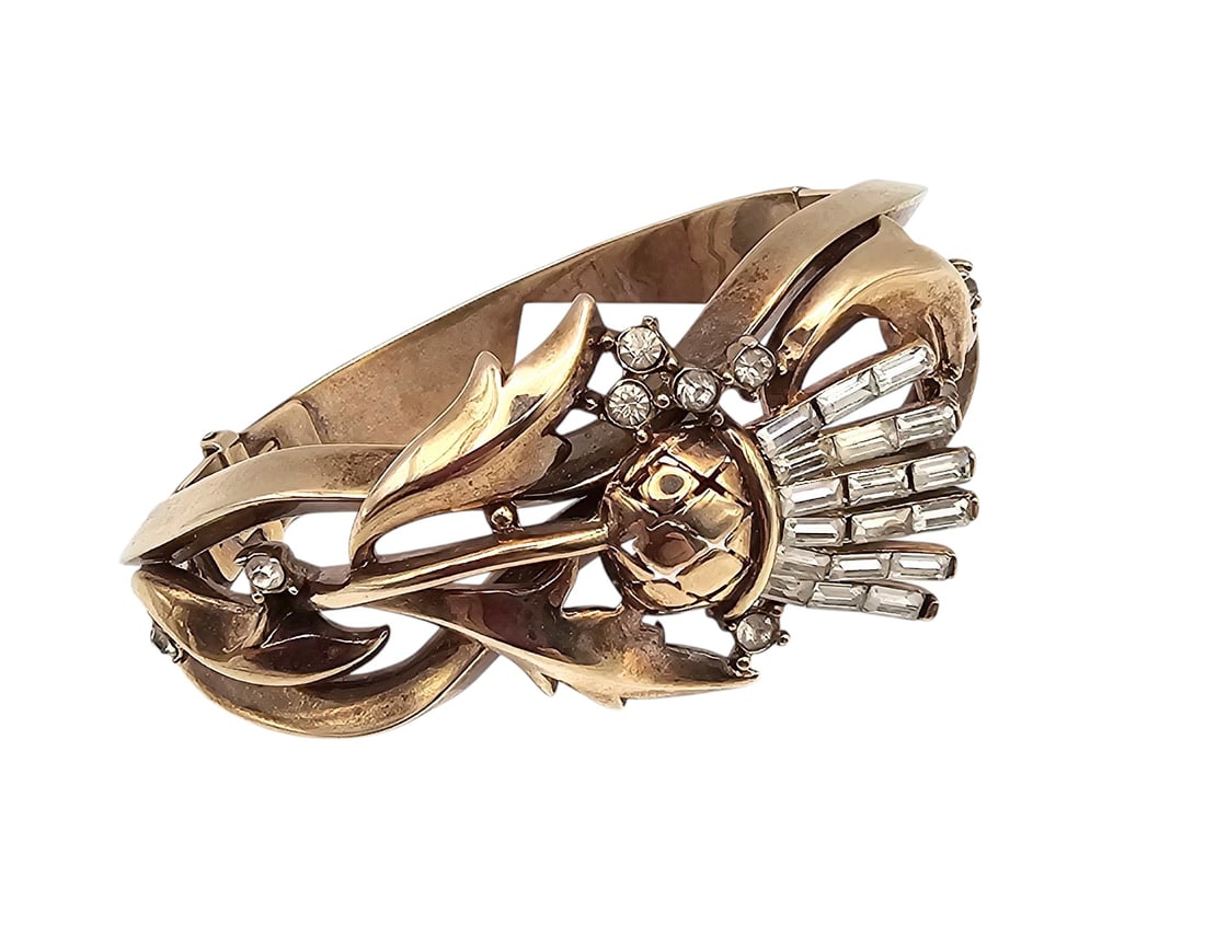 Crown Trifari Vintage Clear Baguette Rhinestone Gold Tone Thistle Hinged Bangle Bracelet (1 of 3)