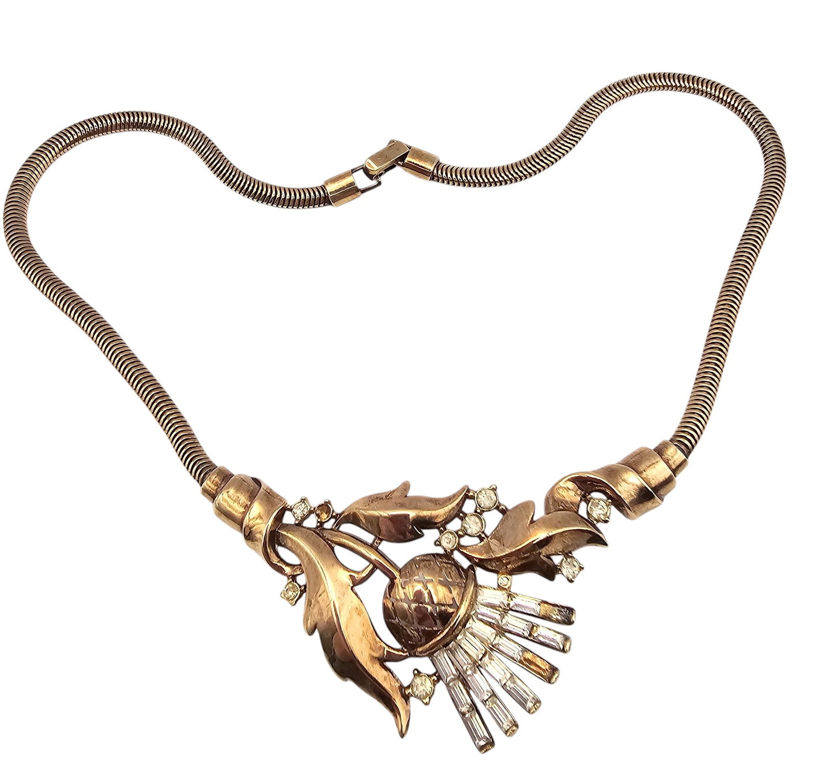 Crown Trifari Vintage Clear Baguette Rhinestone Gold Tone Thistle Necklace: Crown Trifari Vintage Clear Baguette Rhinestone Gold Tone Thistle Necklace