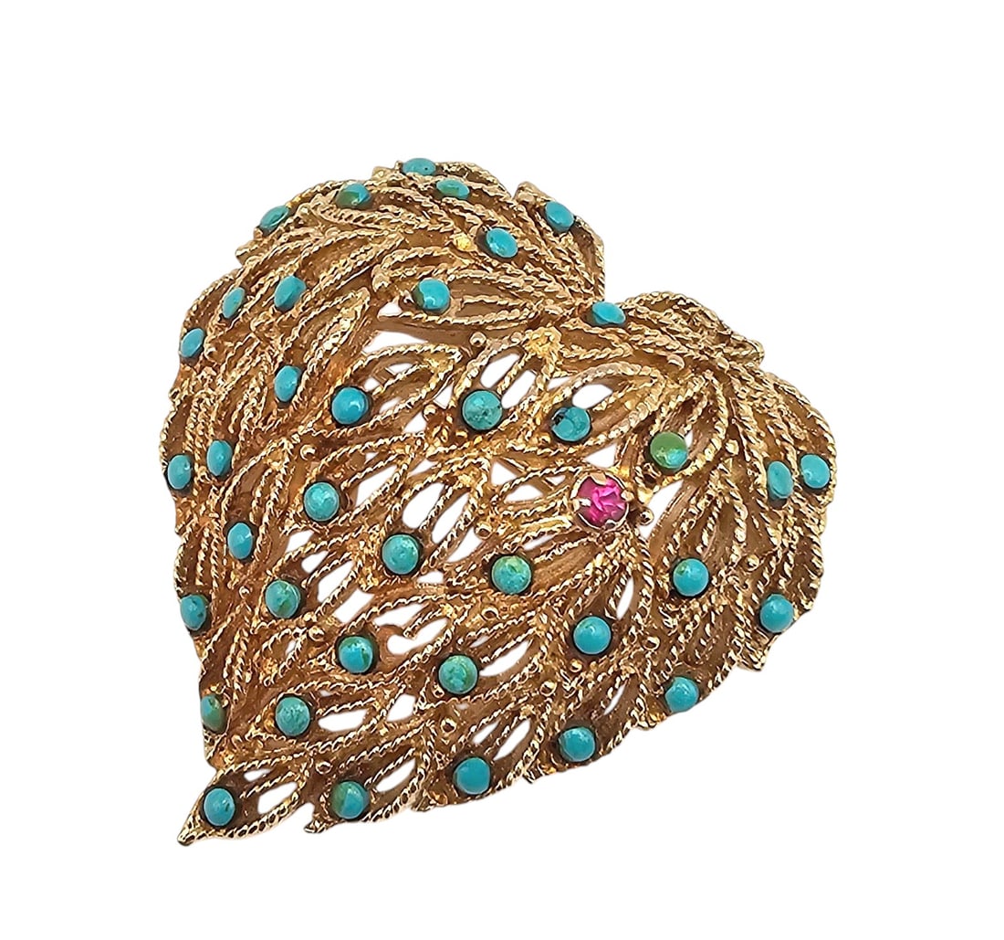 Capri Turquoise Ruby Color Rhinestone Gold Tone Heart Dome Brooch (1 of 3)