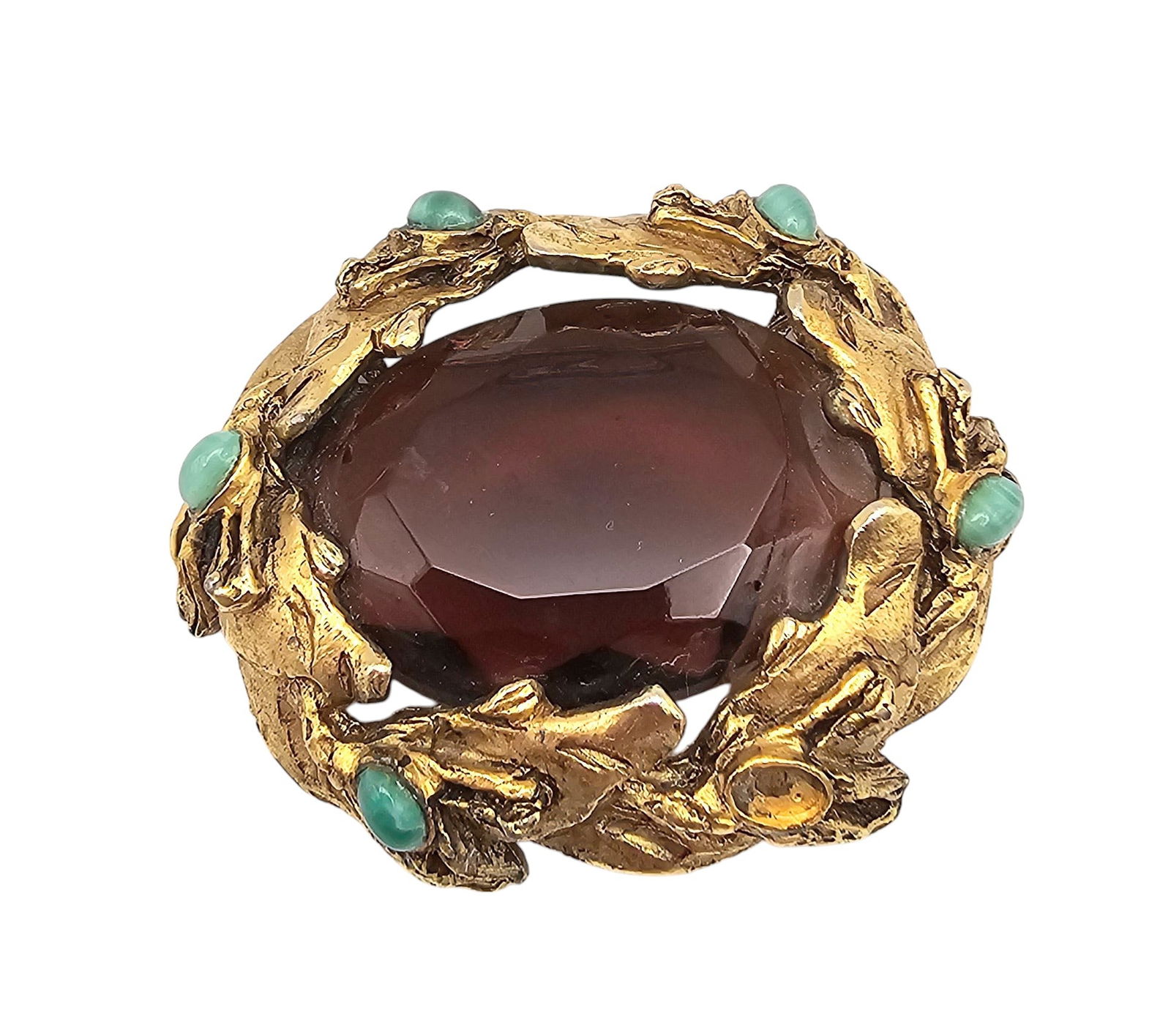 Schiaparelli Vintage Amber Color Center Turquoise Color Nest Gold Tone Brooch (1 of 3)