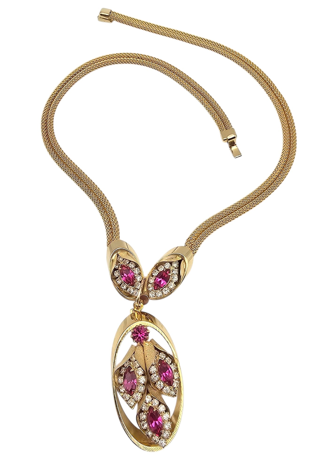 Kramer Vintage Pink Rhinestone Gold Tone Mesh Necklace (1 of 3)
