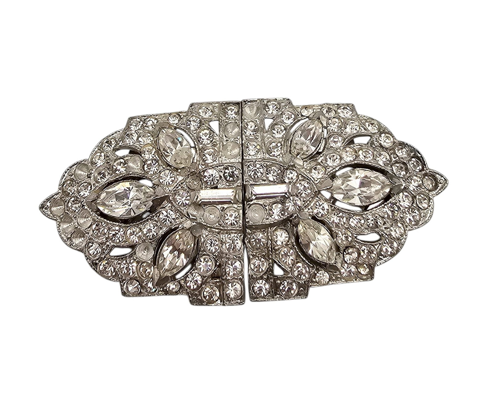 Vintage Clear Rhinestone Silver Tone Duet Sweater Clip Brooch: Vintage Clear Rhinestone Silver Tone Duet Sweater Clip Brooch