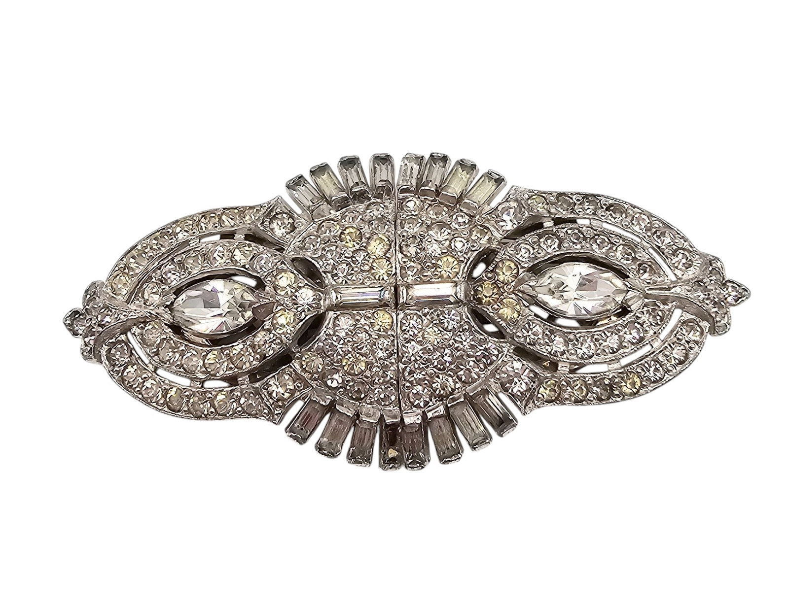 Vintage Clear Rhinestone Silver Tone Duet Sweater Clip Brooch: Vintage Clear Rhinestone Silver Tone Duet Sweater Clip Brooch