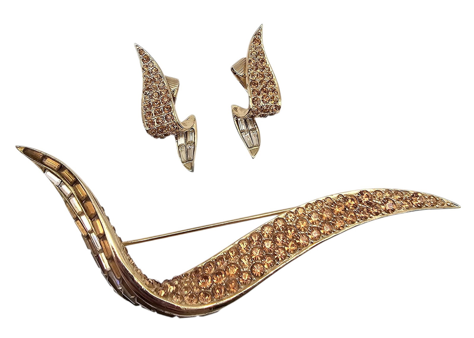 Jaclyn Canada Amber Clear Rhinestone Gold Tone Leaf Brooch Earrings Set: Jaclyn Canada Amber Clear Rhinestone Gold Tone Leaf Brooch Earrings Set