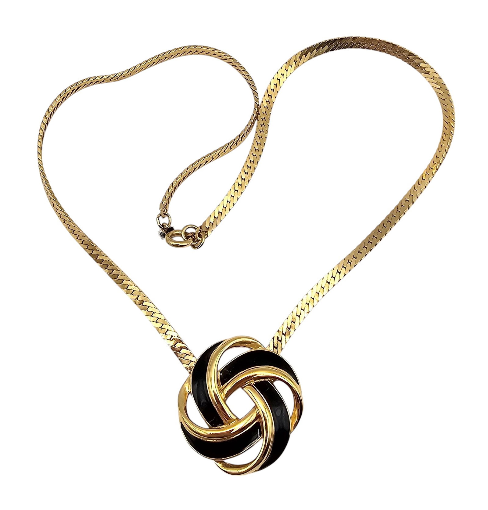Trifari Vintage Black Enamel Gold Tone Knot Necklace: Trifari Vintage Black Enamel Gold Tone Knot Necklace