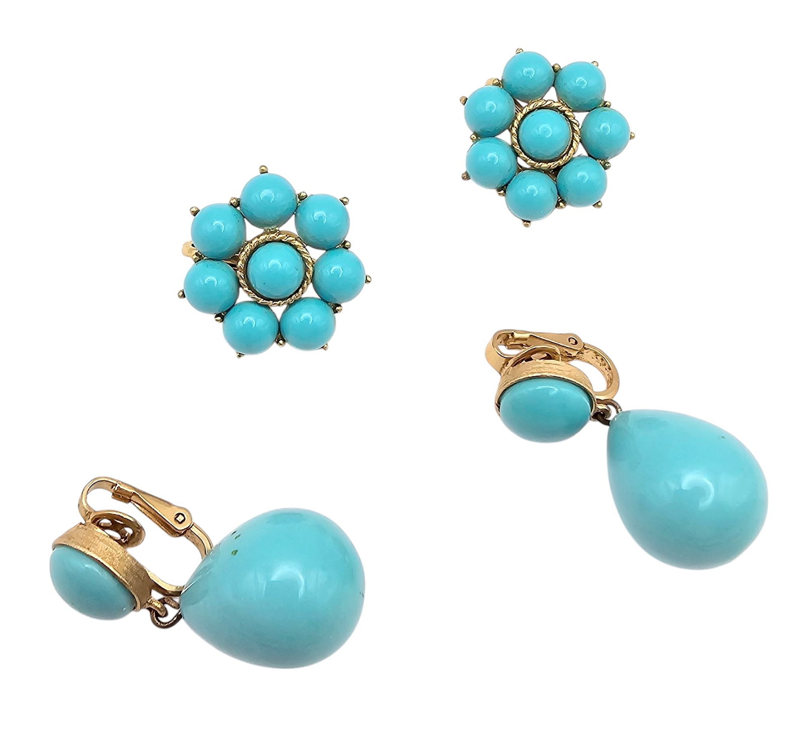 Crown Trifari Lot 2 Faux Turquoise Gold Tone Earrings: Crown Trifari Faux Turquoise Lot 2 Gold Tone Earrings