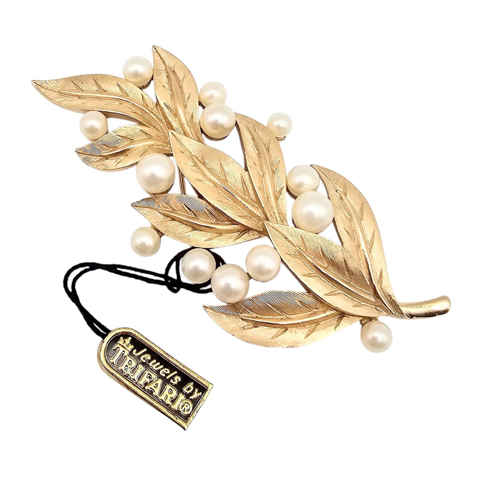 Crown Trifari Faux Pearl Gold Tone Leaf Brooch (1 of 3)