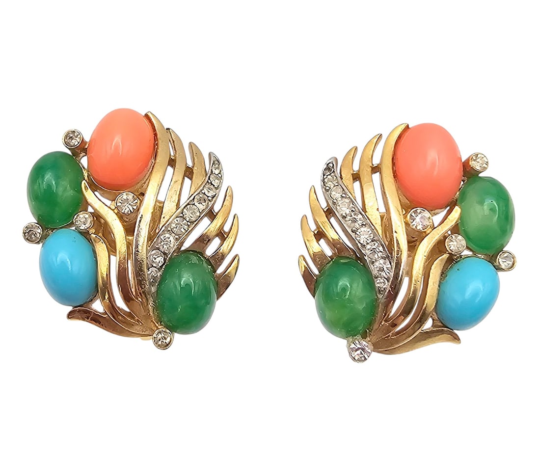 Crown Trifari 1960 Jewels Of India Turquoise Coral Jade Gold Tone Earrings: Crown Trifari 1960 Jewels Of India Turquoise Coral Jade Gold Tone Earrings