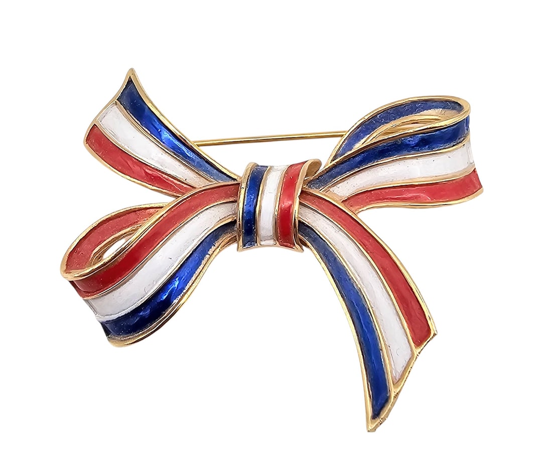 Crown Trifari Red White Blue Enamel Gold Tone Bow Patriotic Brooch: Crown Trifari Red White Blue Enamel Gold Tone Bow Patriotic Brooch