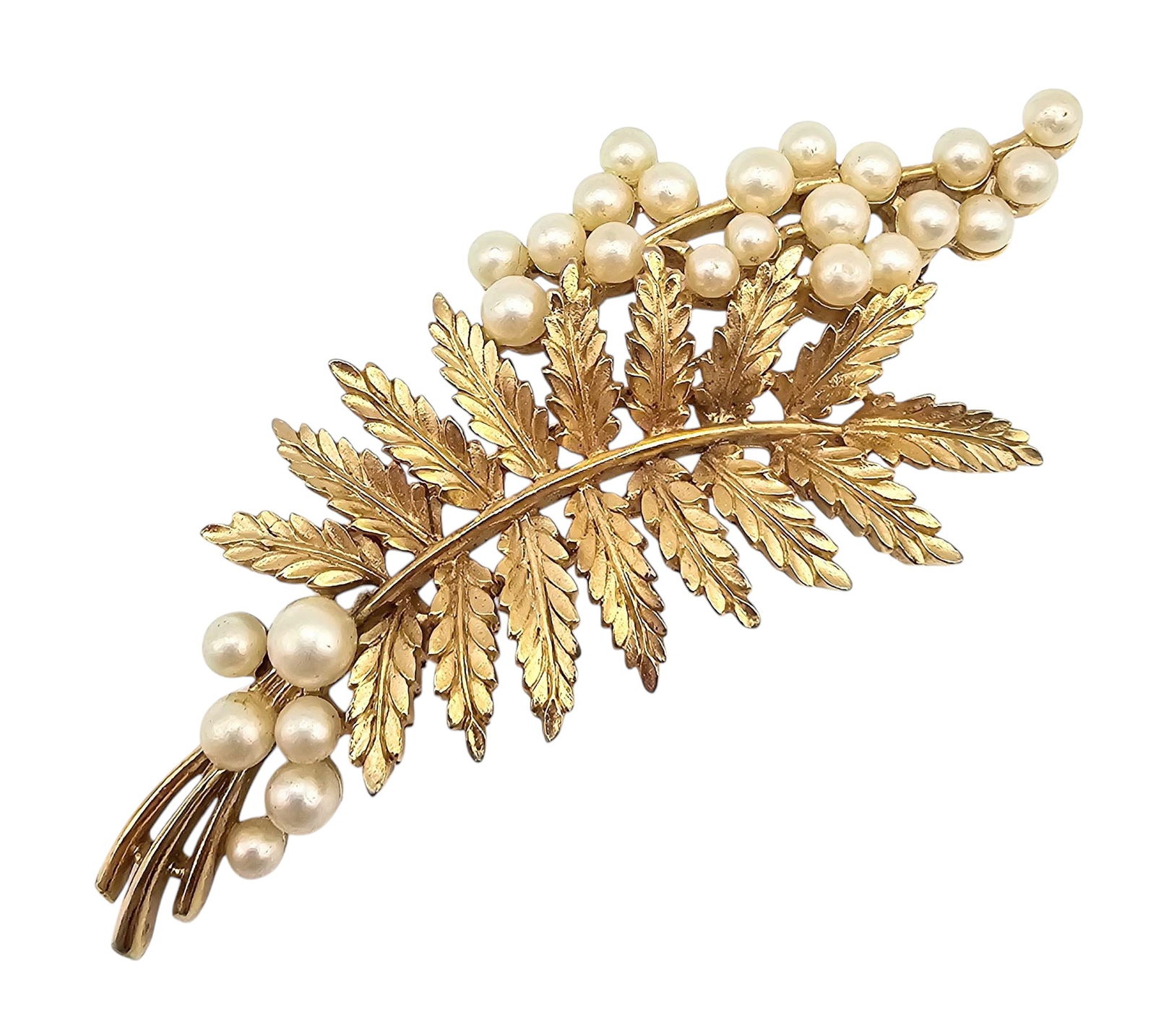 Crown Trifari Vintage Faux Pearl Gold Tone Leaf Brooch (1 of 3)