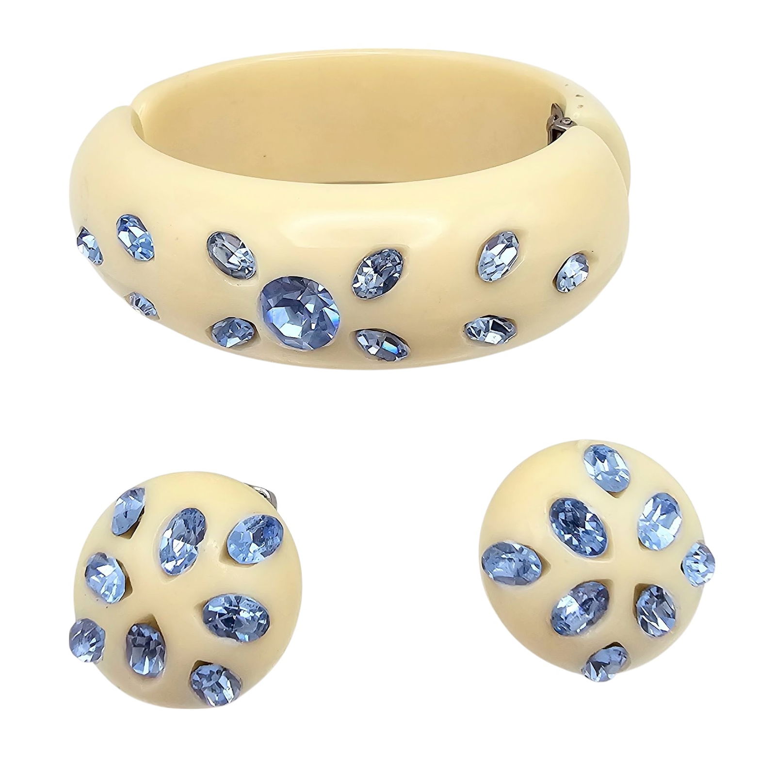 Weiss Vintage Ivory Celluloid Clamper Rhinestone Bracelet Earrings Set (1 of 3)