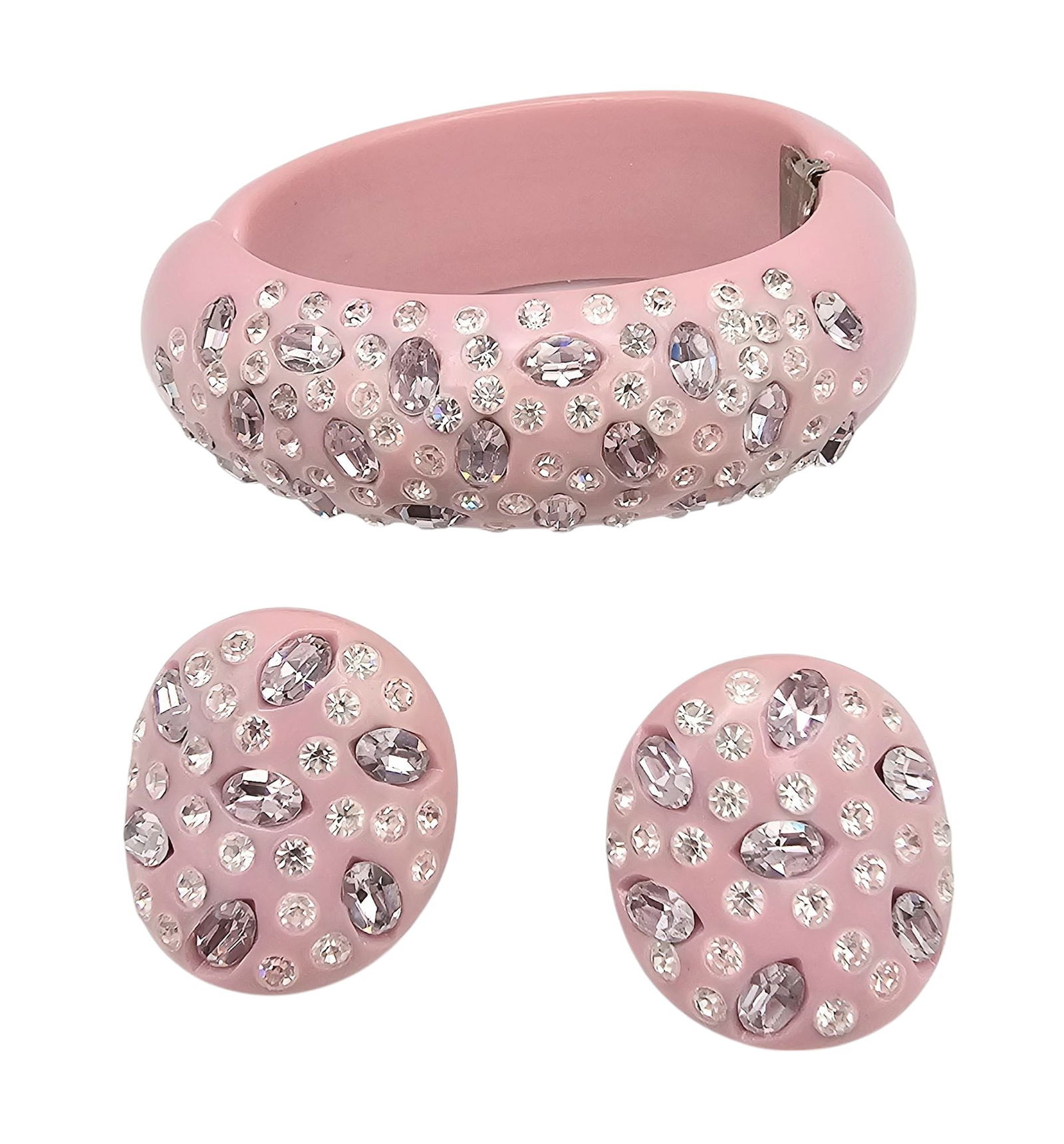 Weiss Vintage Light Mauve Celluloid Clamper Rhinestone Bracelet Earrings Set (1 of 3)