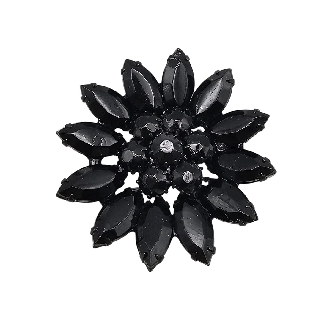 Weiss Vintage Black Rhinestone Floral Brooch (1 of 3)