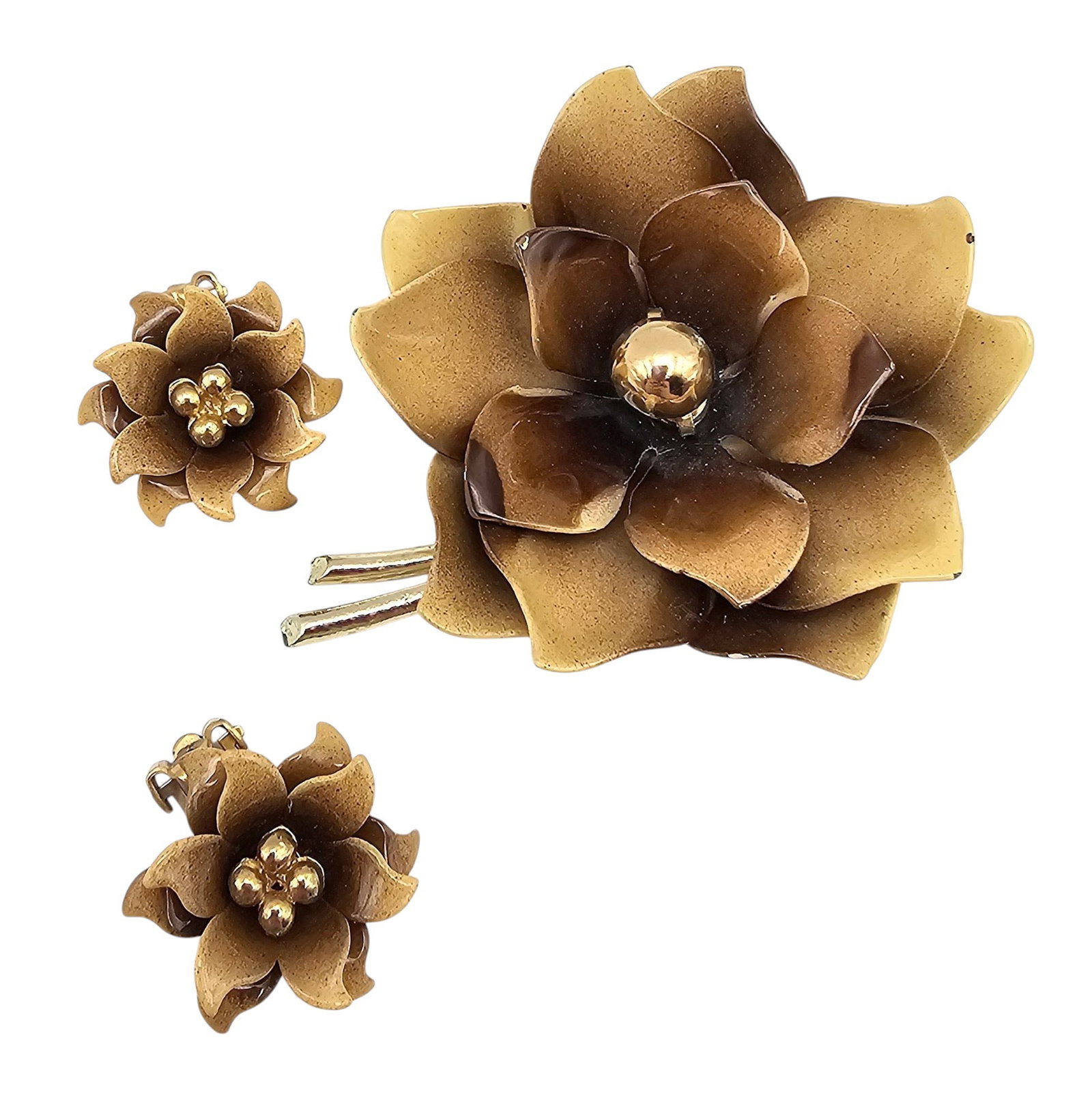 Coro Coffee Enamel Gold Tone Autumn Flower Brooch Earrings Set: Coro Coffee Enamel Gold Tone Autumn Flower Brooch Earrings Set