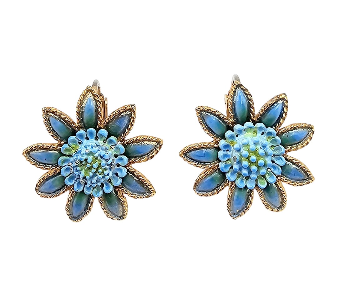 Coro Blue Enamel Gold Tone Flower Earrings (1 of 3)
