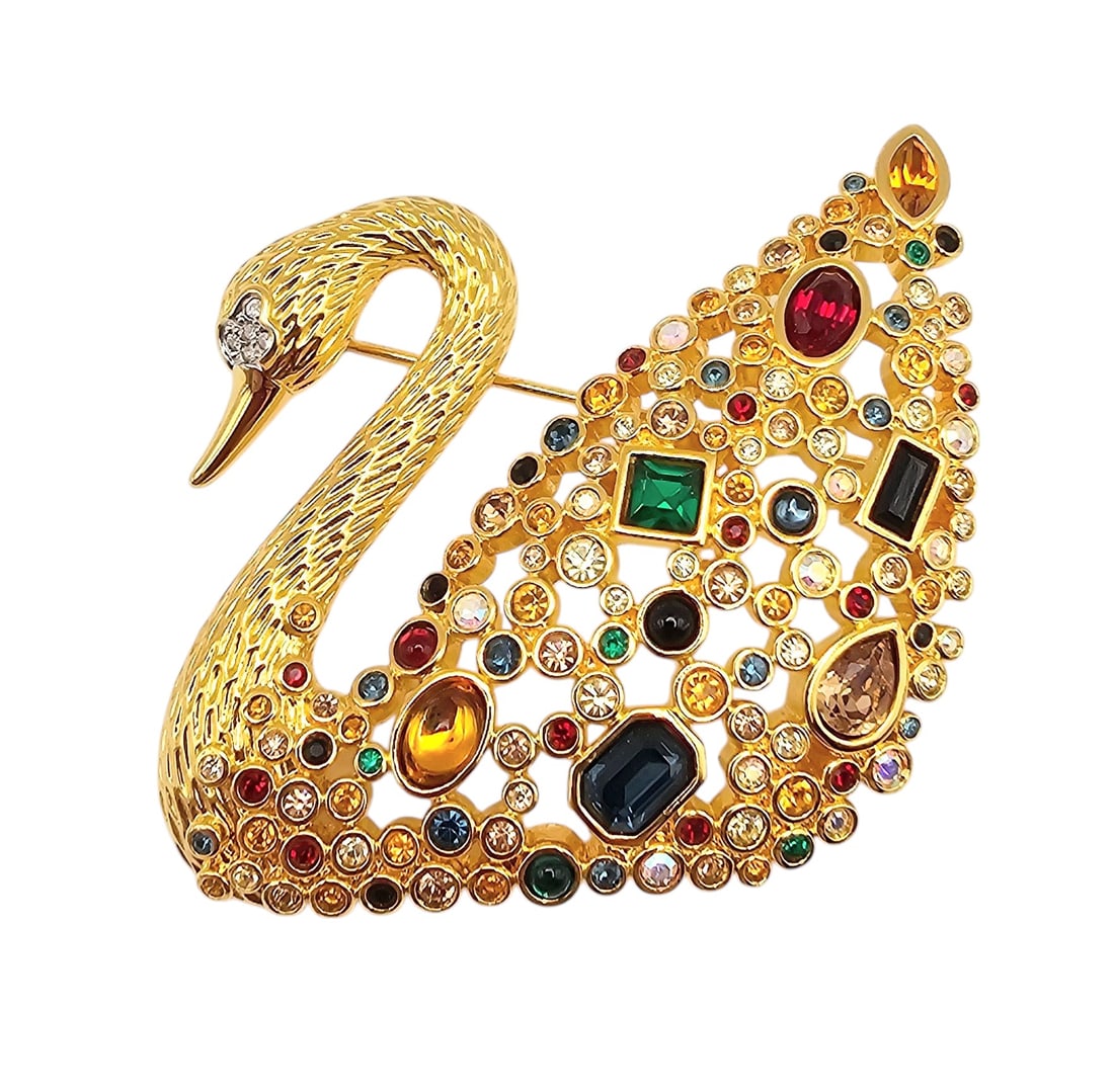 NIB Swarovski Multi Color Crystal Gold Tone Swan Brooch: NIB Swarovski Multi Color Crystal Gold Tone Swan Brooch
