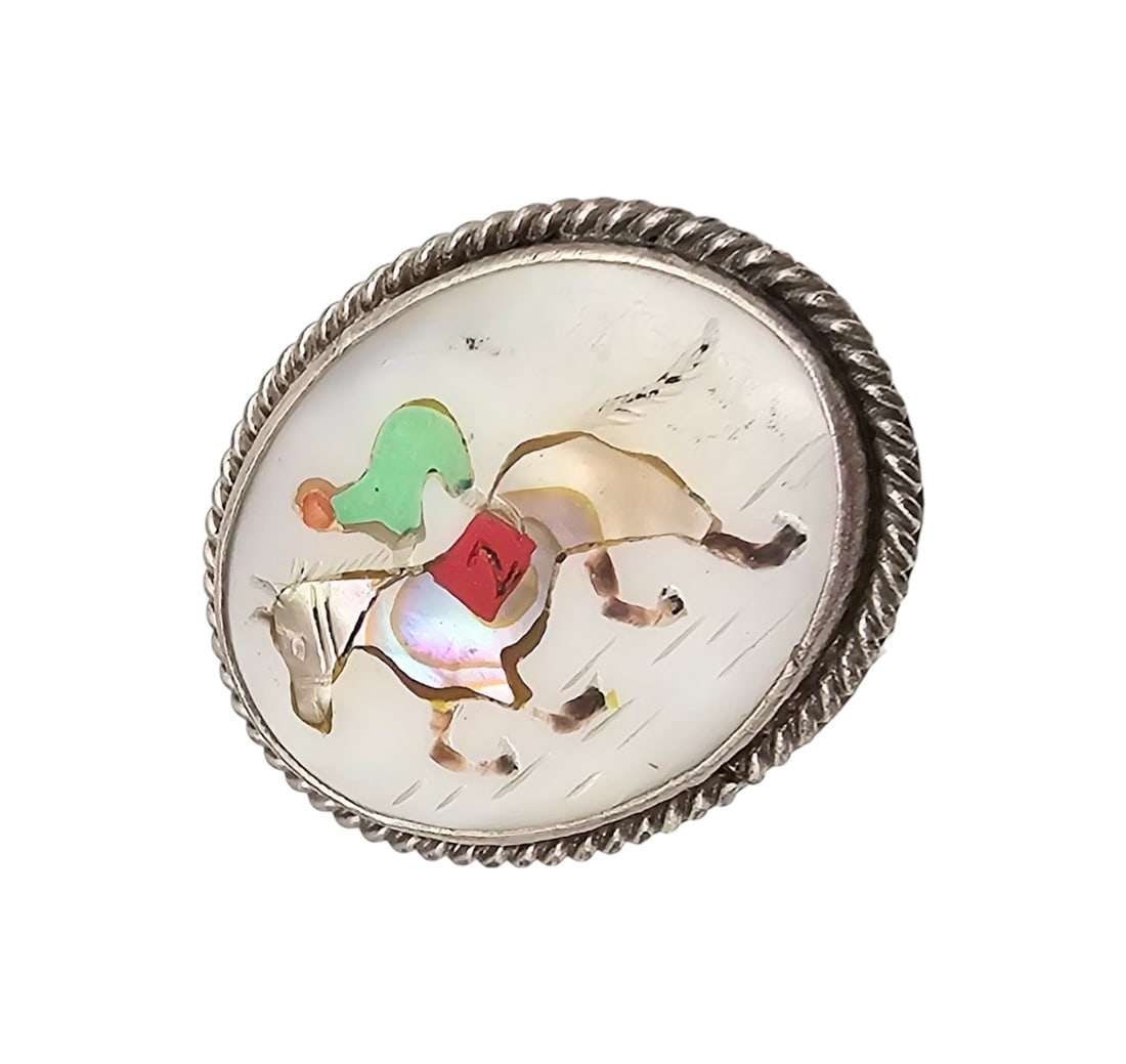 Vintage Mother Of Pearl Abalone Coral Sterling Silver Inlay Horse Ring Size 8.25 8.6 G: Vintage Mother Of Pearl Abalone Coral Sterling Silver Inlay Horse Ring Size 8.25 8.6 G